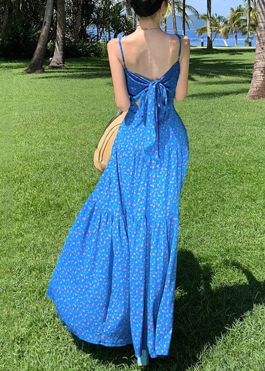 Sommerkleid Patchwork Blau Spaghetti Print Maxi Französischer Träger