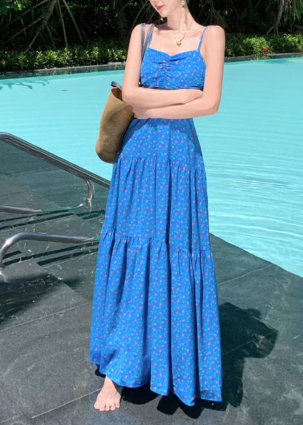 Sommerkleid Patchwork Blau Spaghetti Print Maxi Französischer Träger