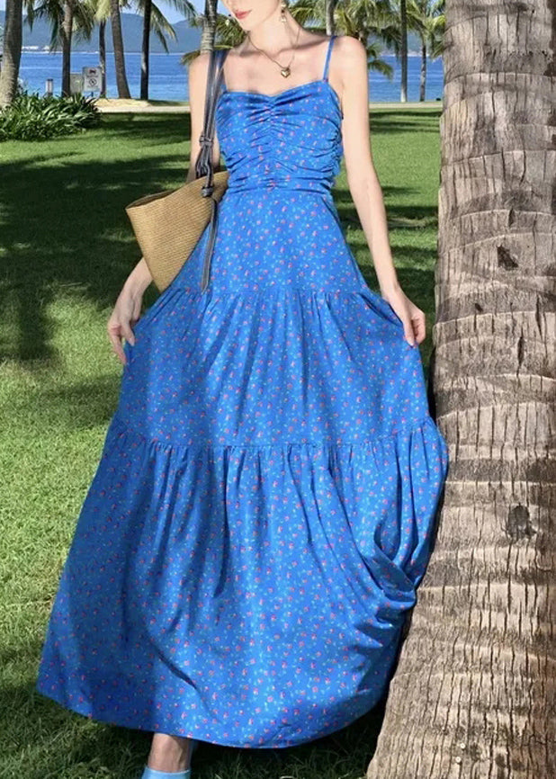 Sommerkleid Patchwork Blau Spaghetti Print Maxi Französischer Träger