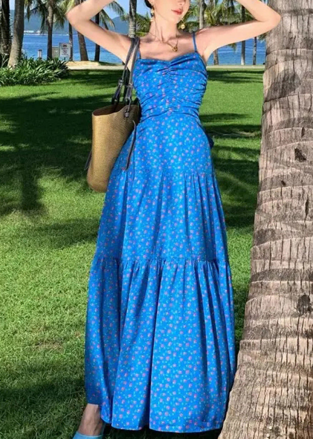 Sommerkleid Patchwork Blau Spaghetti Print Maxi Französischer Träger