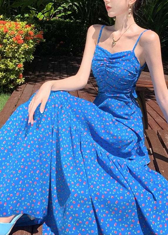 Sommerkleid Patchwork Blau Spaghetti Print Maxi Französischer Träger