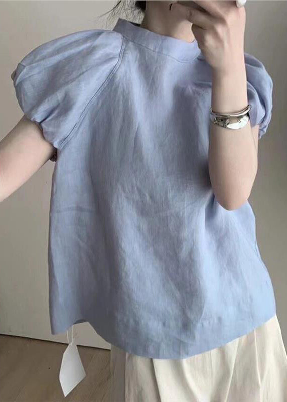 French Blue Puff Sleeve Cotton T Shirt Top AL1082