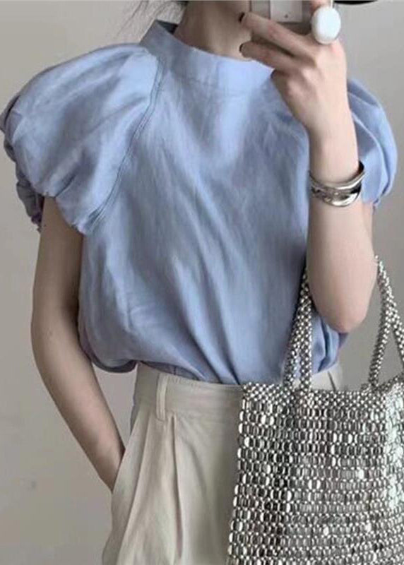 French Blue Puff Sleeve Cotton T Shirt Top AL1082