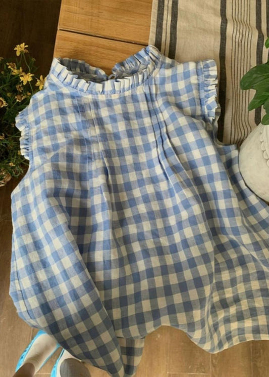 French Blue Ruffled Plaid Loose Cotton Top Summer QK015