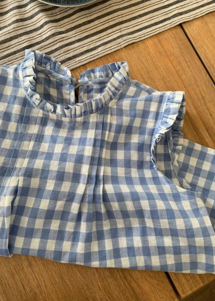 French Blue Ruffled Plaid Loose Cotton Top Summer QK015