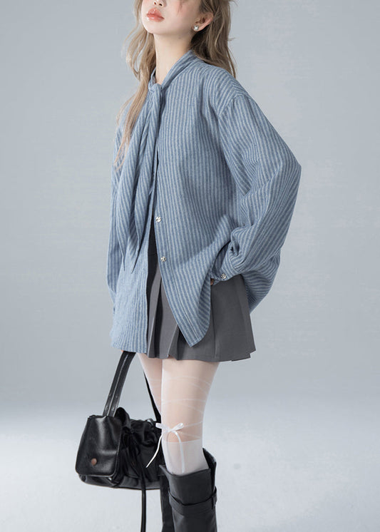 Chemises françaises de printemps bleues à nœud rayé en coton