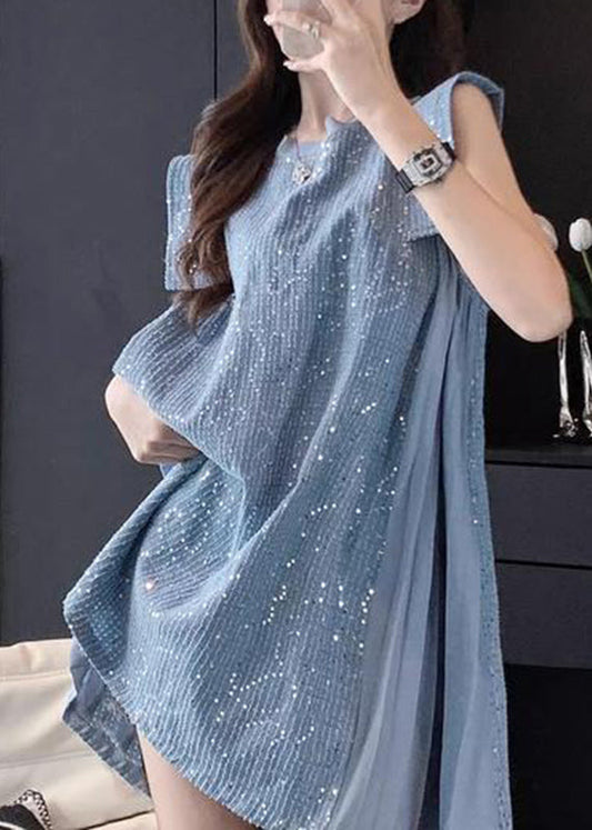 French Blue Tulle Patchwork Sequins Mid Dress Summer UU1056