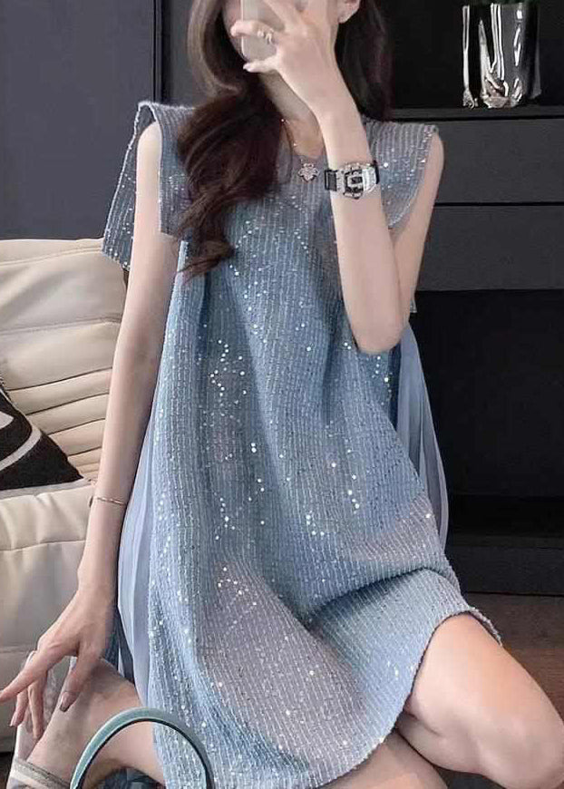 French Blue Tulle Patchwork Sequins Mid Dress Summer UU1056