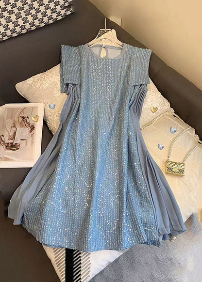 Robe mi-longue en tulle bleu français à paillettes et patchwork pour l'été UU1056