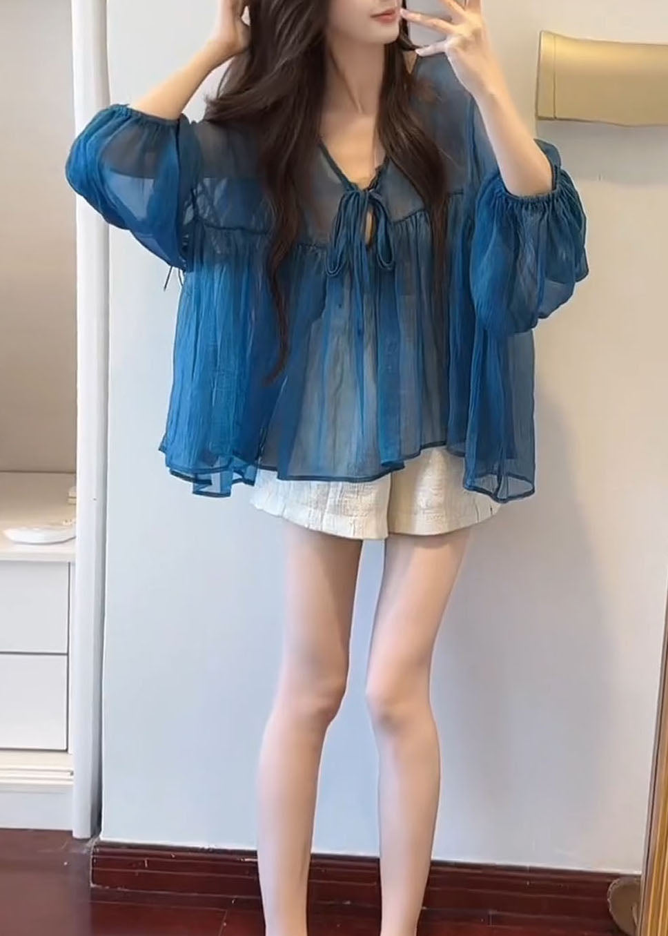 Flare Neck Chiffon French Up V Lace Blue Top Sleeve