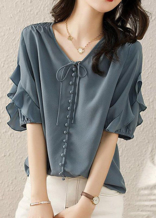 French Blue V Neck Ruffled Patchwork Shirts Short Sleeve TR022