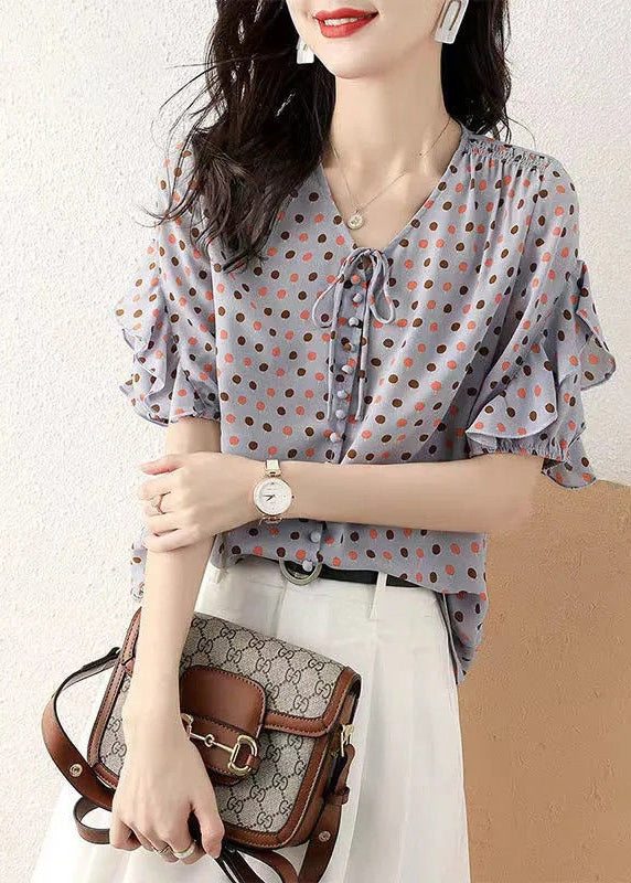 French Blue V Neck Ruffled Patchwork Shirts Short Sleeve TR022