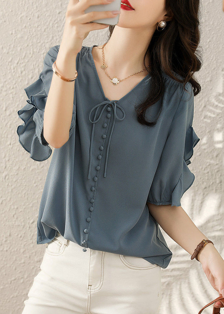 French Blue V Neck Ruffled Patchwork Shirts Short Sleeve TR022