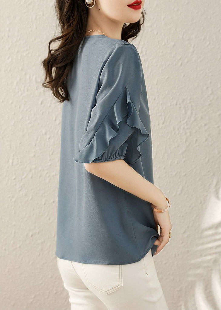 French Blue V Neck Ruffled Patchwork Shirts Short Sleeve TR022