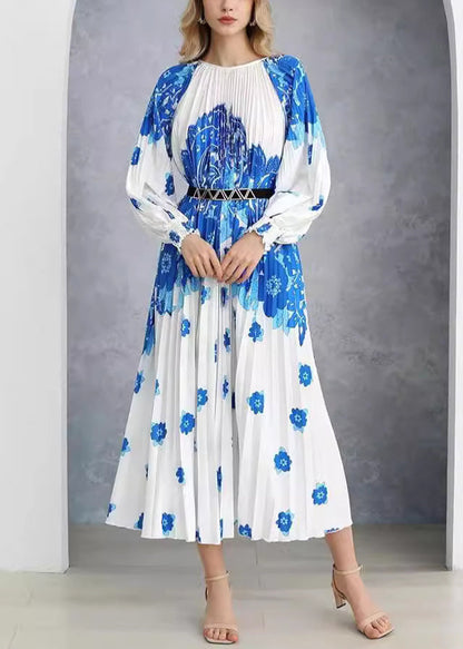 Robe longue en coton à imprimé froissé bleu français AU1020