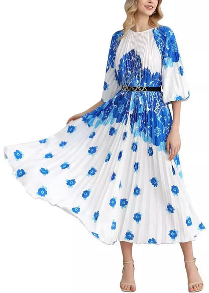 Robe longue en coton à imprimé froissé bleu français AU1020