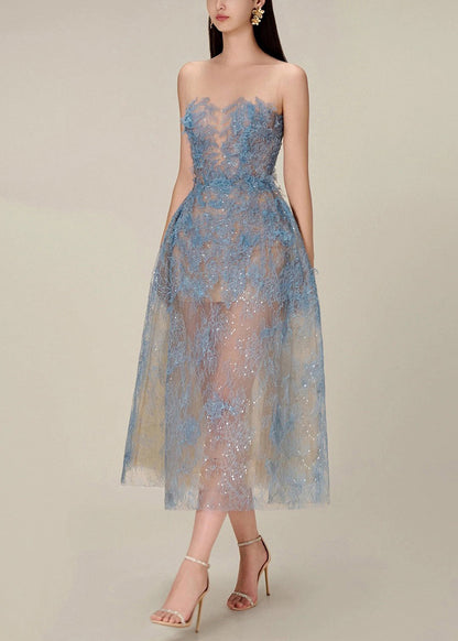 Robe longue en tulle à paillettes et dentelle à fermeture éclair bleu français sans manches KK016