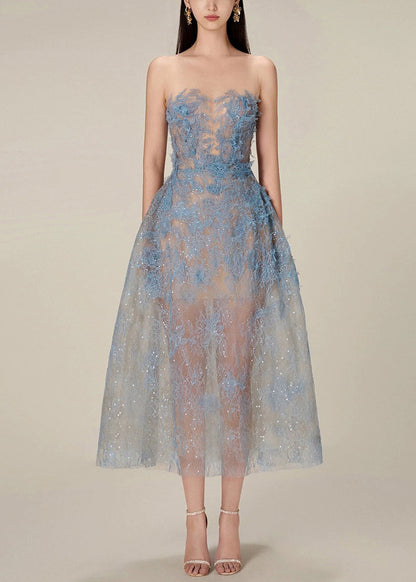 Robe longue en tulle à paillettes et dentelle à fermeture éclair bleu français sans manches KK016