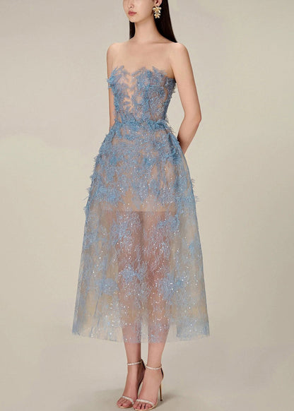 Robe longue en tulle à paillettes et dentelle à fermeture éclair bleu français sans manches KK016