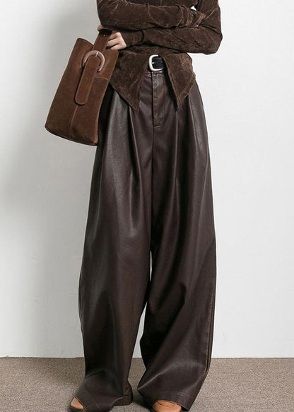 Pantalon en similicuir taille haute avec poches marron français Automne AW1013