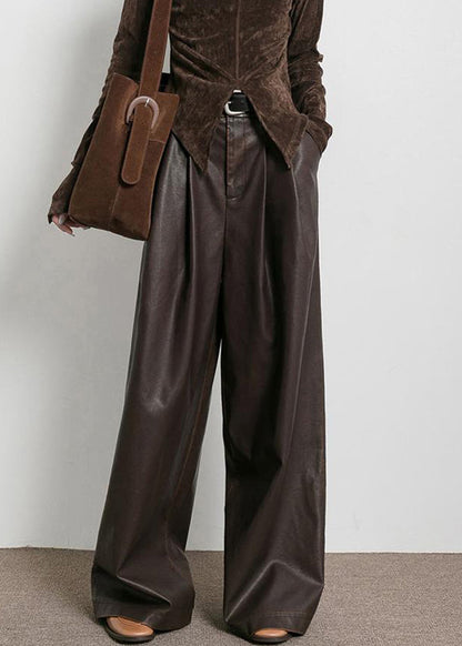 Pantalon en similicuir taille haute avec poches marron français Automne AW1013