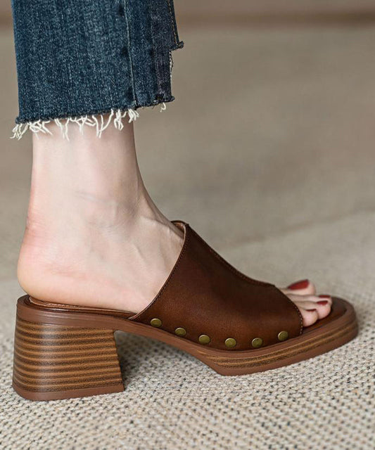 French Toe Peep Rivet Chunky Heel Splicing Sandals Brown Slide