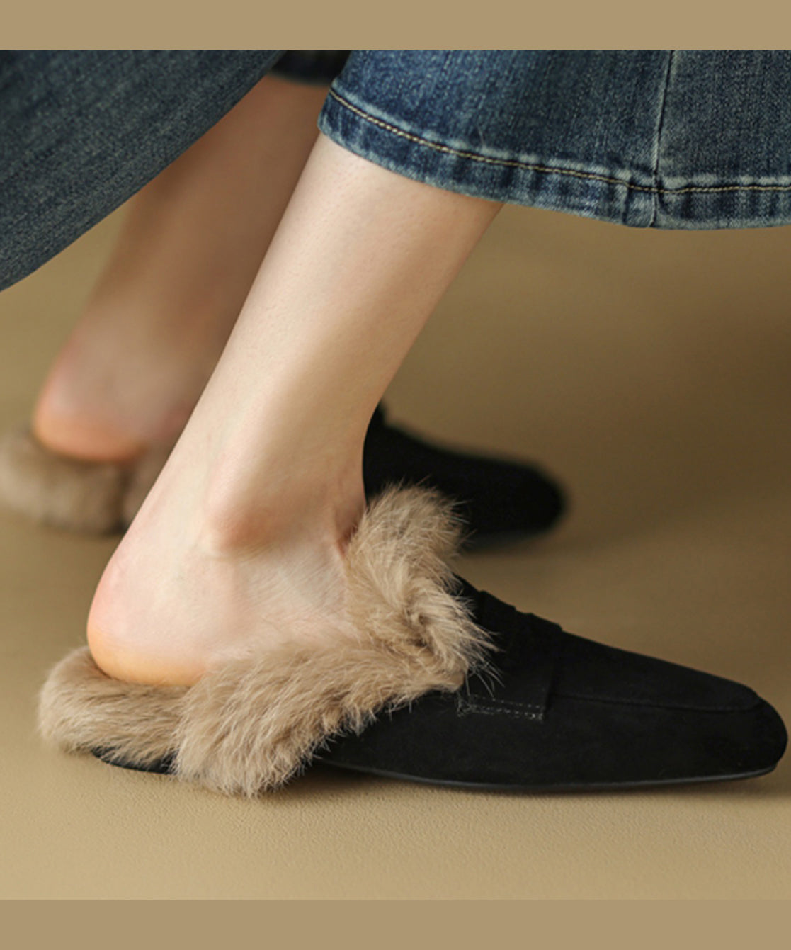 French Brown Suede Splicing Slippers Shoes Fuzzy Wool Lined YC011