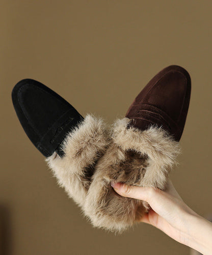 French Brown Suede Splicing Slippers Shoes Fuzzy Wool Lined YC011