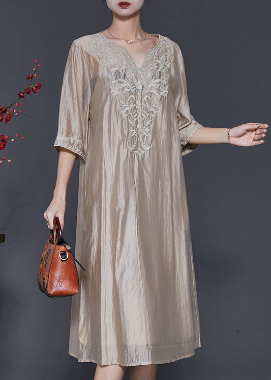 French Champagne Embroidered Linen Silk Dresses Half Sleeve SD1098
