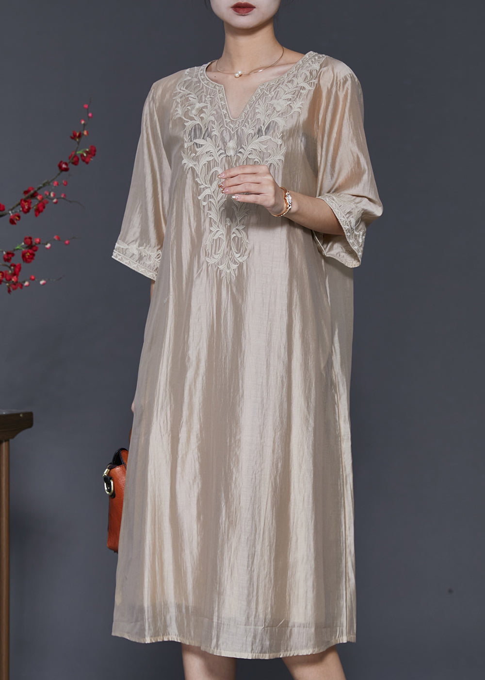 French Champagne Embroidered Linen Silk Dresses Half Sleeve SD1098