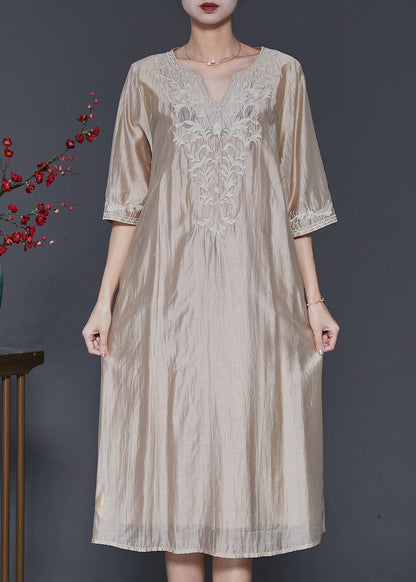 Robe en soie et lin brodée champagne français à demi-manches SD1098