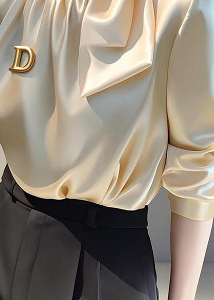 Silk Spring French Stand Champagne Bow Blouse Collar Top