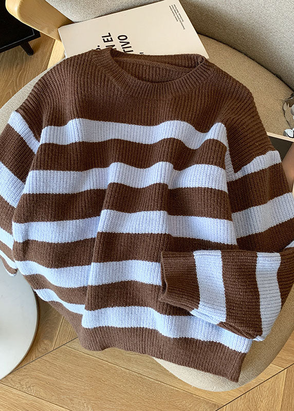 French Coffee O Neck Striped Knit Short Sweater Fall QI036