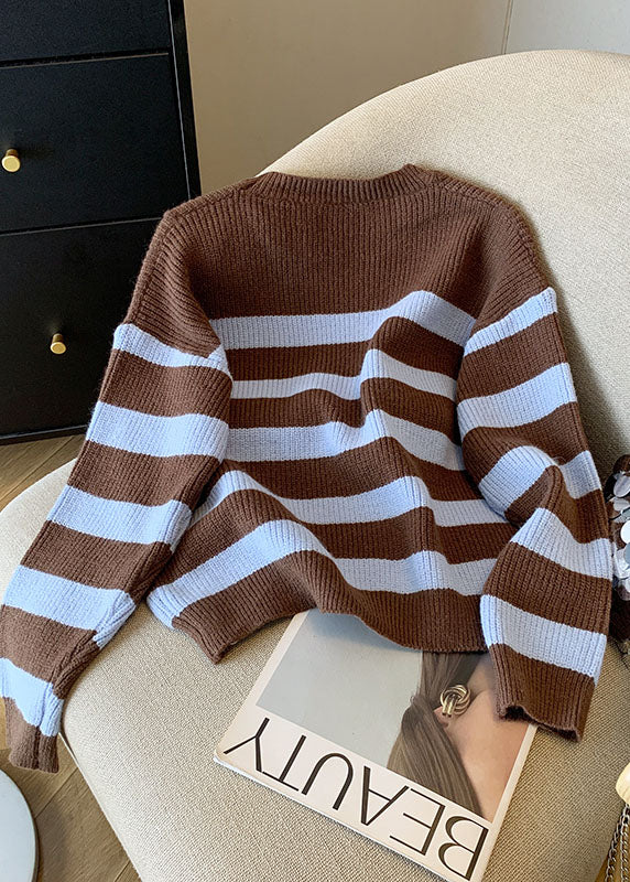 French Coffee O Neck Striped Knit Short Sweater Fall QI036