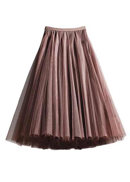 French Coffee Wrinkled Elastic Waist Tulle Skirts Summer Ada Fashion