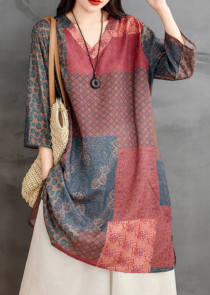 Shirts Hals V Armband Druck Französisch Colorblock Leinen Ärmel