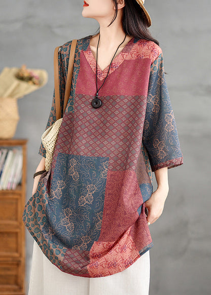 Chemises à imprimé français en V, col, manches, bracelet en lin colorblock