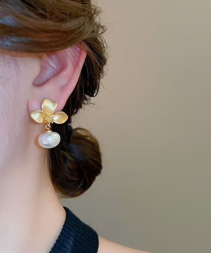 Earrings French Drop Copper Gold Floral Overgild Pearl