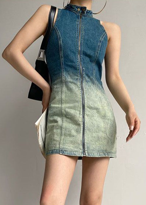 Ärmelloses Denim-Kleid mit Knopfleiste und Reißverschluss in französischer Farbverlauf-Optik XX076