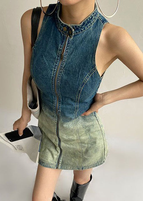 Ärmelloses Denim-Kleid mit Knopfleiste und Reißverschluss in französischer Farbverlauf-Optik XX076