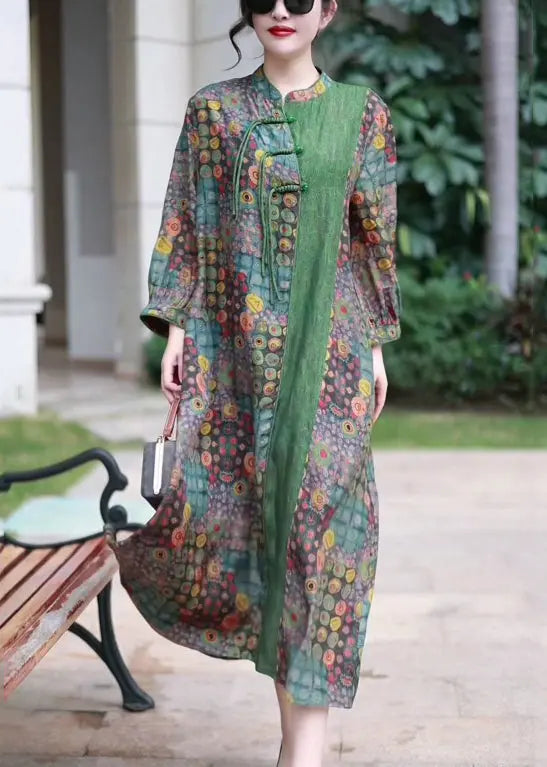 French Green Button Print Patchwork Silk Long Dress Spring Ada Fashion