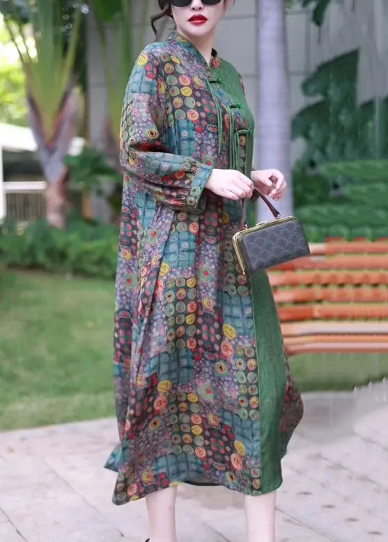 French Green Button Print Patchwork Silk Long Dress Spring Ada Fashion