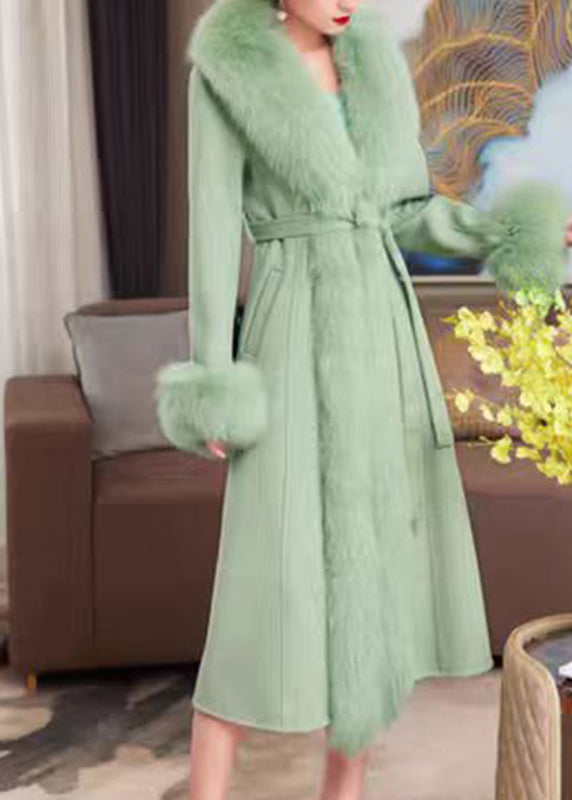 French Green Fox Collar Pockets Patchwork Tie Waist Maxi Woolen Coat Winter RD002