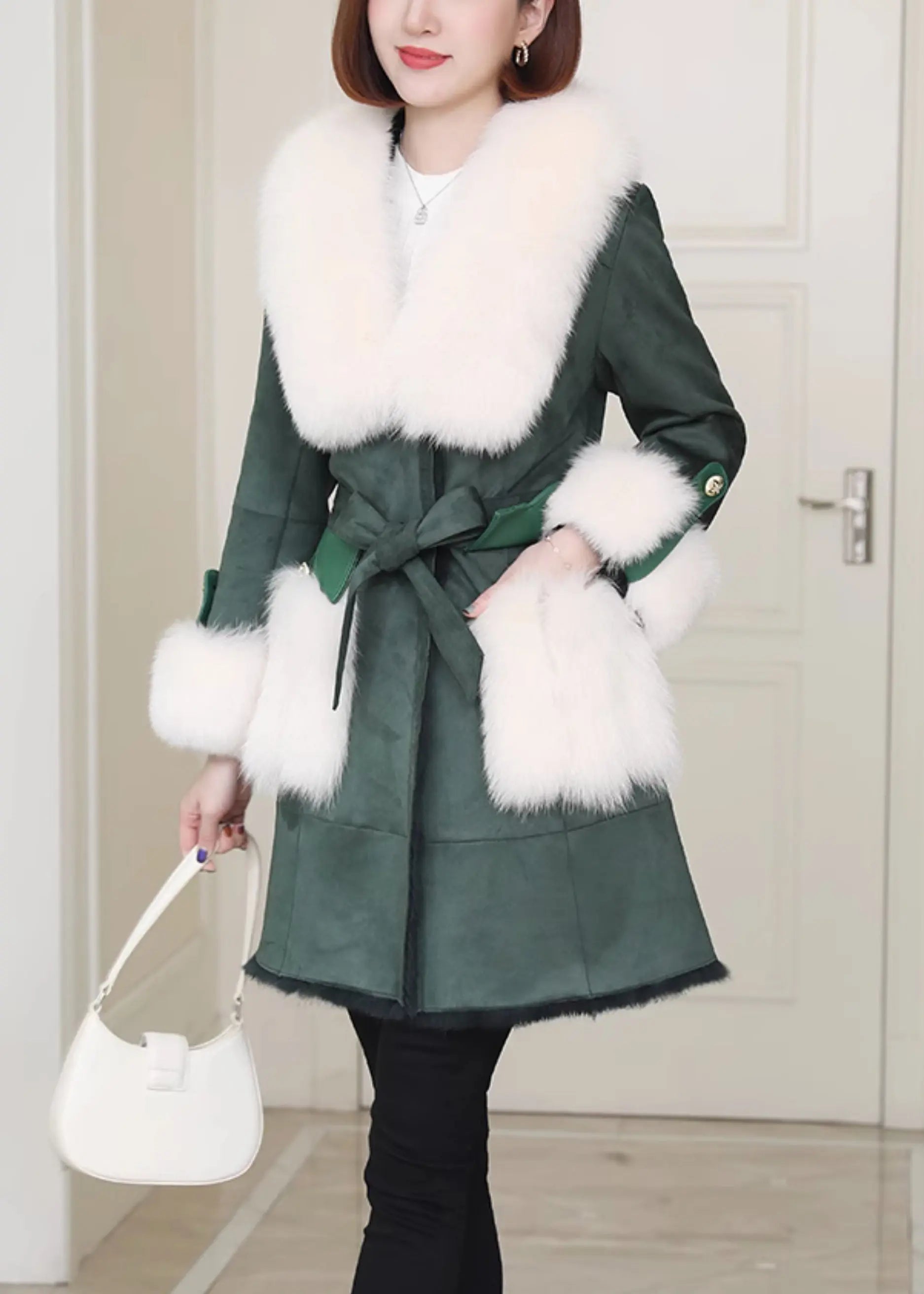 French Green Fox Collar Tie Waist Leather And Fur Coats Winter Ada Fashion