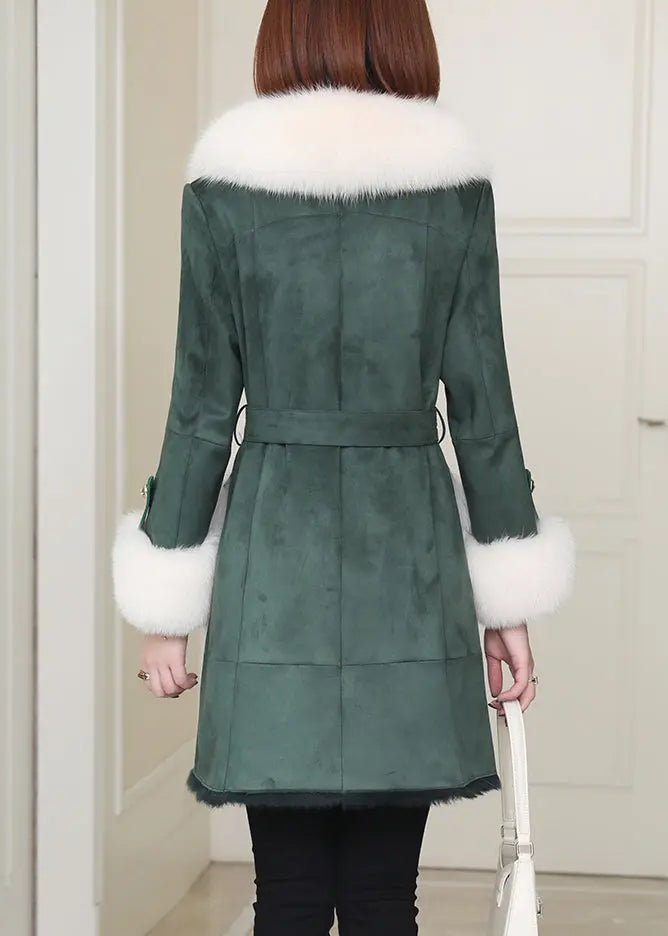 French Green Fox Collar Tie Waist Leather And Fur Coats Winter Ada Fashion