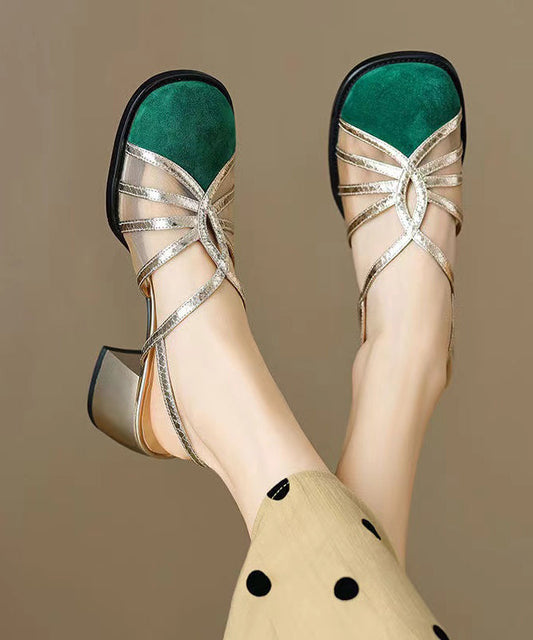 French Green Hollow Out Tulle Splicing Chunky Heel Sandals XC1040