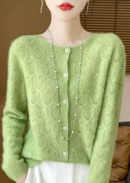 Cardigan en laine vert français à col rond et boutons ajourés, printemps TQ007