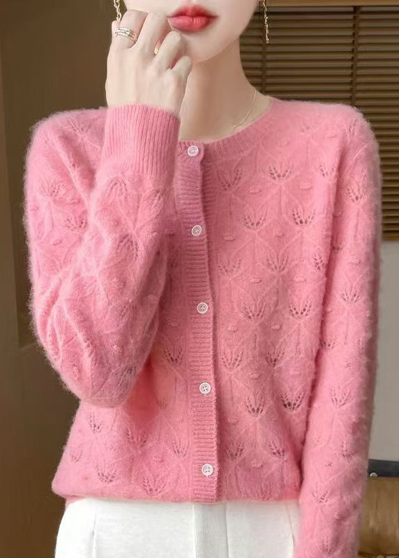 Cardigan en laine vert français à col rond et boutons ajourés, printemps TQ007