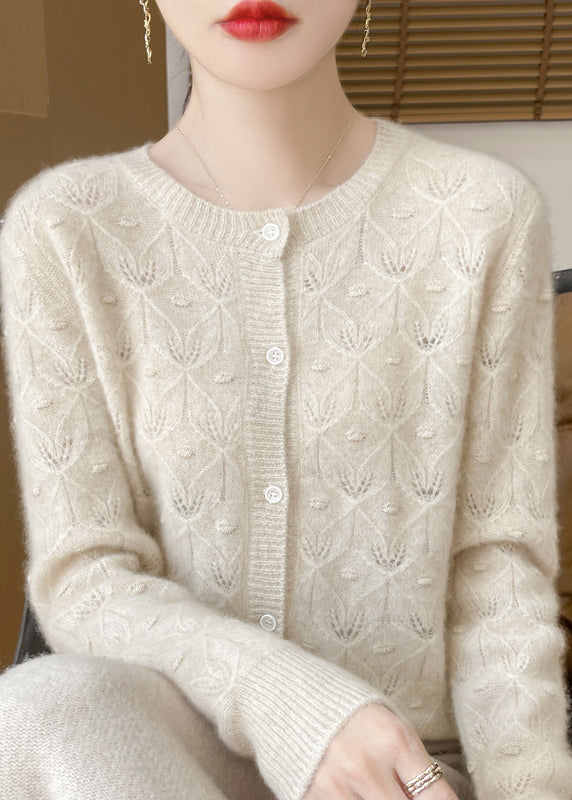 Cardigan en laine vert français à col rond et boutons ajourés, printemps TQ007