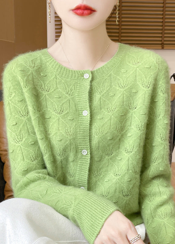 Cardigan en laine vert français à col rond et boutons ajourés, printemps TQ007